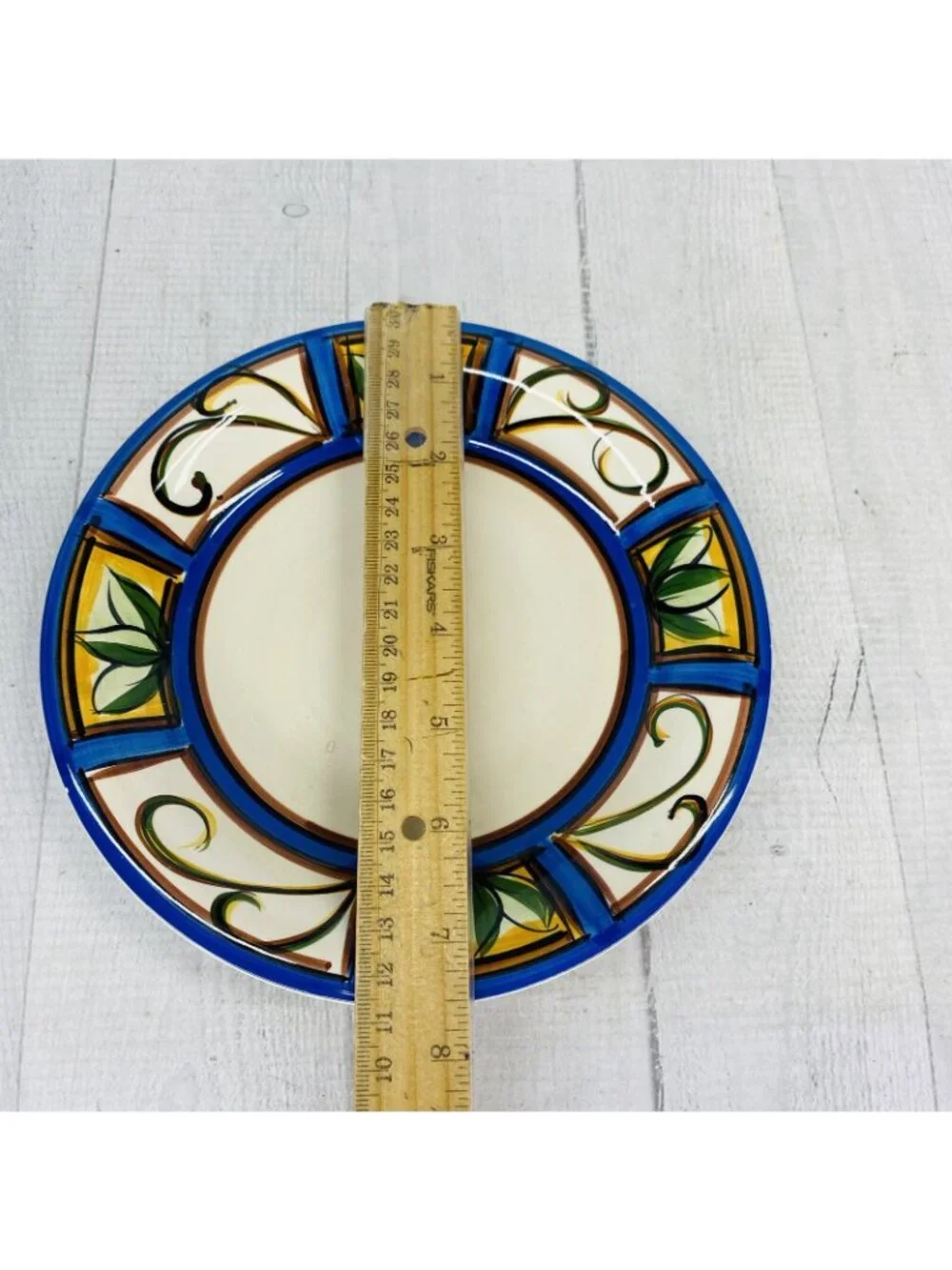 Liddy GREEN PLANTS Hand Painted Blue Trim Ceramic Salad Snack Round Plates Set 6